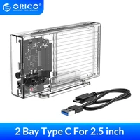 orico 2 bay 2 5 hdd case sata to usb3 1 type c 6gbps transparent hard drive housing hdd enclosure for ssd box with 5v adapter