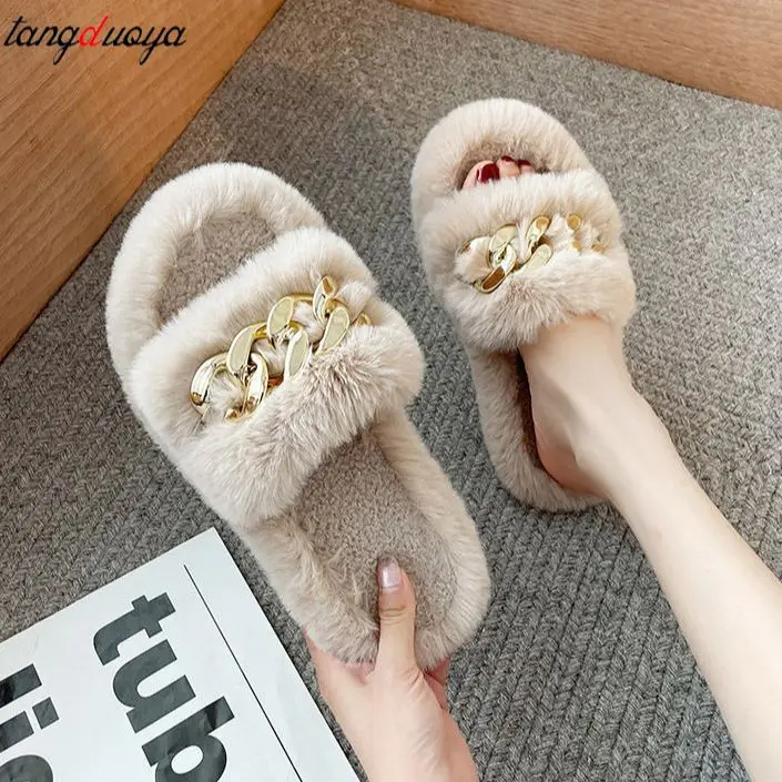 

2021 New Fashion Outdoor Slippers Fashionable Furry Shoes Winter Cotton Slipper Women's Plush Warm Winter Indoors Slides