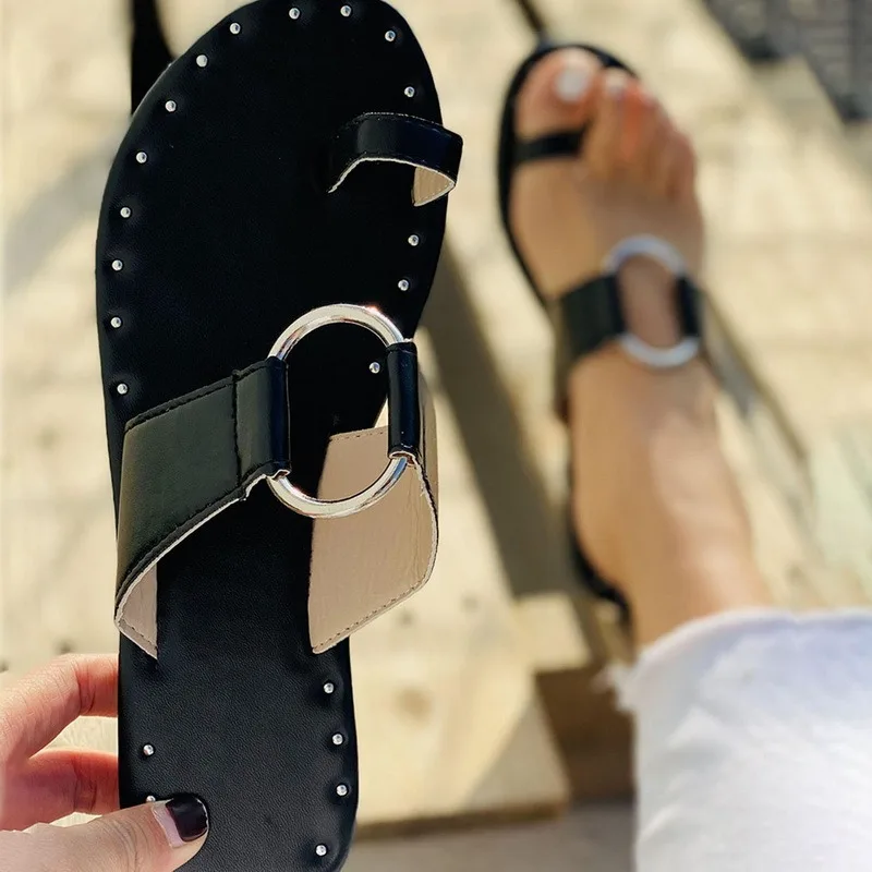 

Metal Ring Women's Sandals Slippers 2021 Summer New Flip-flop Flat Open Toe Outdoor Slippers Women Fashion Beach Slides Shoes