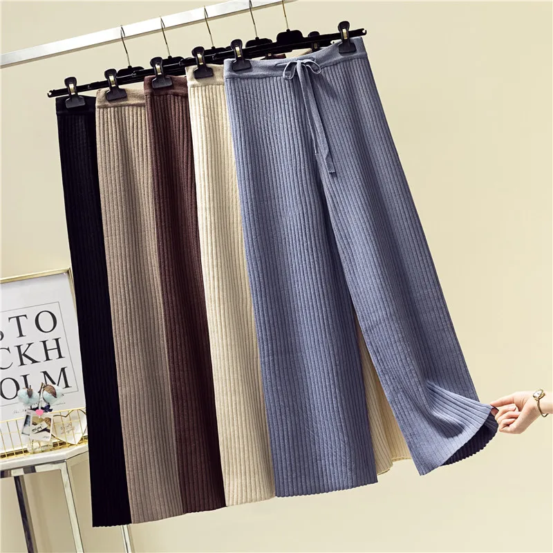 

Autumn Winter Loose Knitted Straight Pants Women Gashion High Waist Wide Trousers For Women Casual Chic Trousers