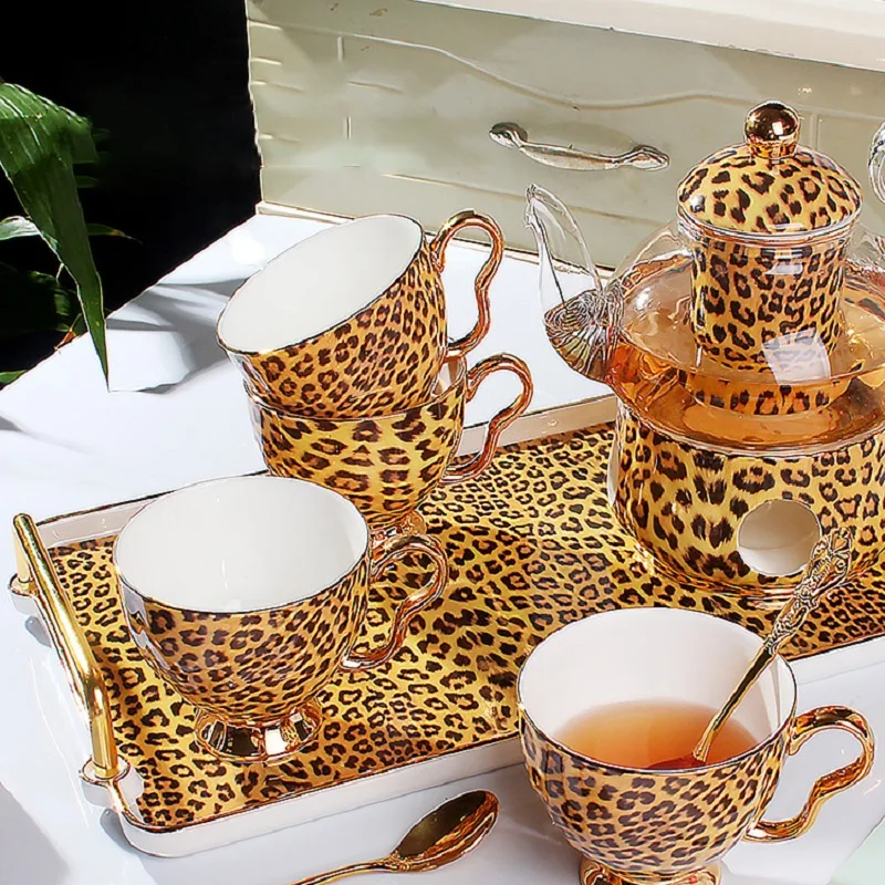 

Bone China Leopard Afternoon Tea Set Binaural Tea Tray Glass Teapot Candle Base Light Luxury Drinkware