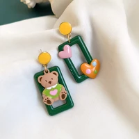 s925 needle cute jewelry little bear heart earrings sweet korean asymmetrical green dangle drop earrings for girl party gifts