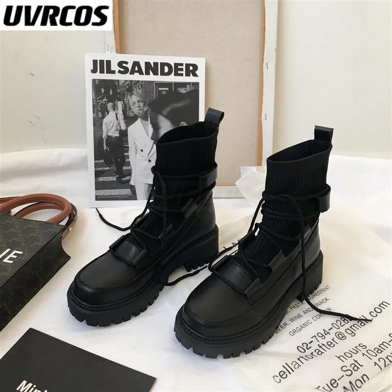 

Женские ботинки, новинка 2022, Женские повседневные эластичные тканевые ботинки-носки, модная женская обувь с перекрестной шнуровкой, ботинк...