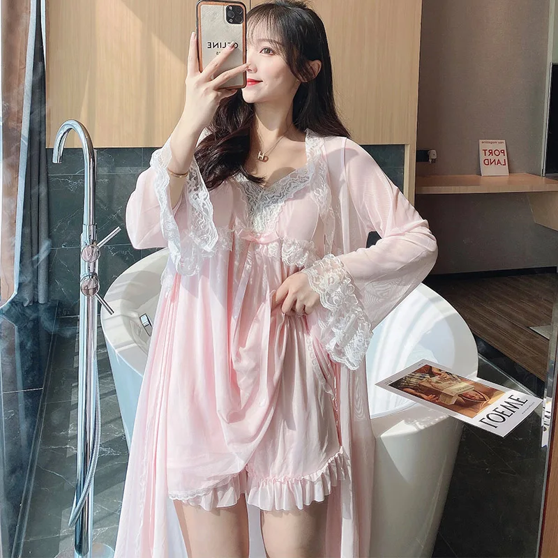 

3 PCS Sexy Women Bathrobe White Wedding Robe Lace Sleepwear Casual Home Clothes Nightwear Woman Pajamas