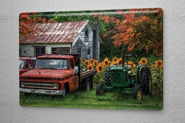 

Hello!Welcome to our shop! Retro Tin Sign Tractor Factory Old Farmhouse with Classic Cars Metal Plate I wish you