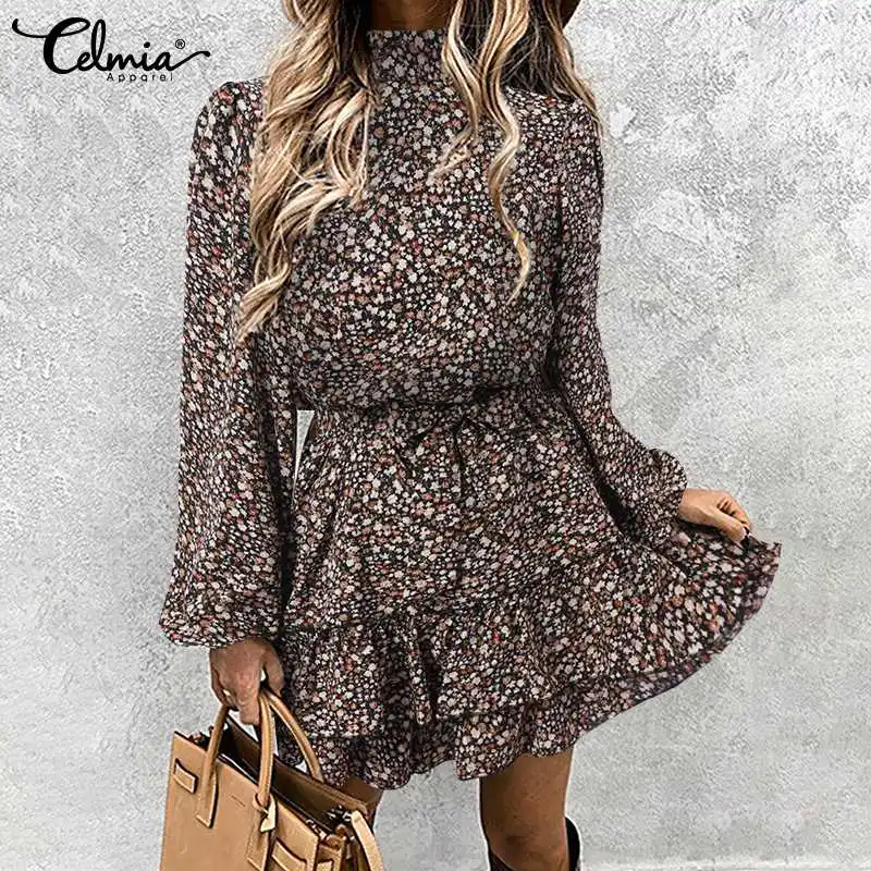 

2022 New Long Puff Sleeves Vestidos Celmia Fashion Floral Printed Mini Dresses Elegant High Collar Bandage Waisted Short Robes