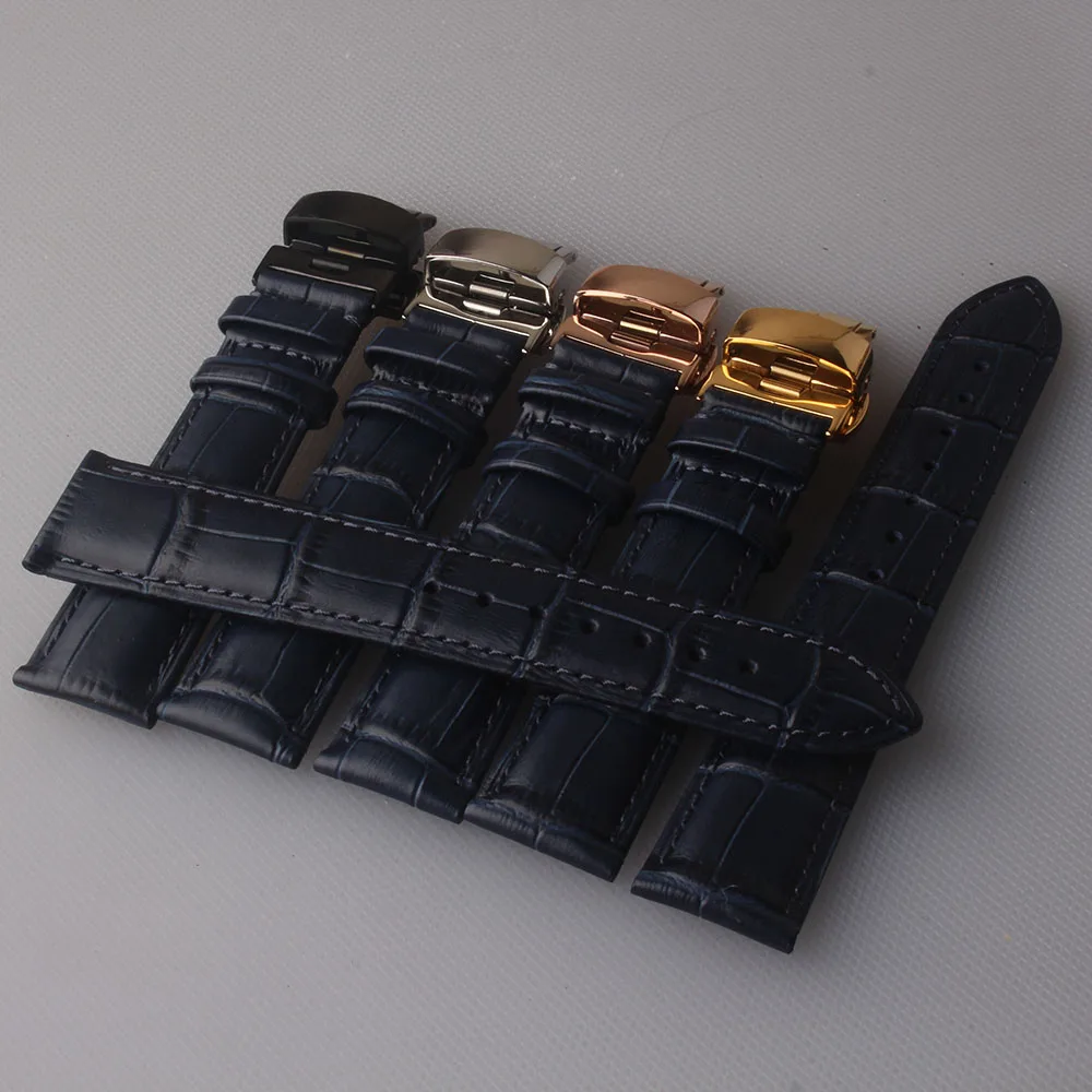 Ремешок из натуральной кожи для часов тёмно синий браслет наручных с застежкой