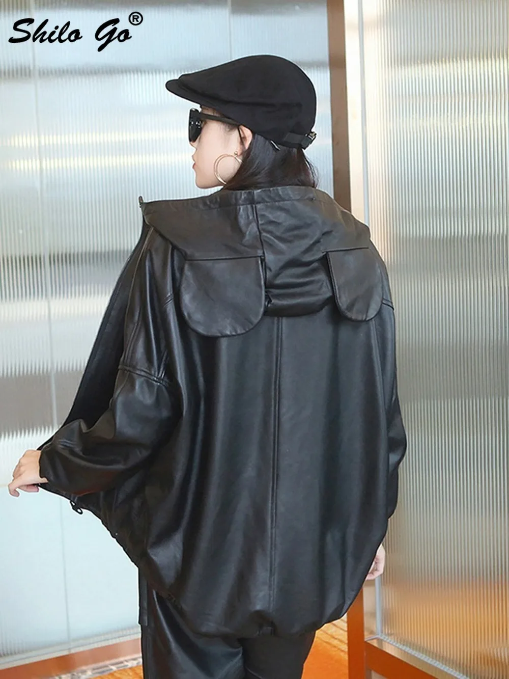 

Oversized Cute Hooded Collar Drop Shoulder Zip Jacket Women Winter Casual Plus Szie Genuine Leather Coat Black Sheepskin Outwear