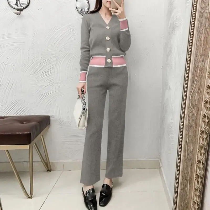 Осень зима женские контрастные трикотажные кардиганы и брюки костюм v образным