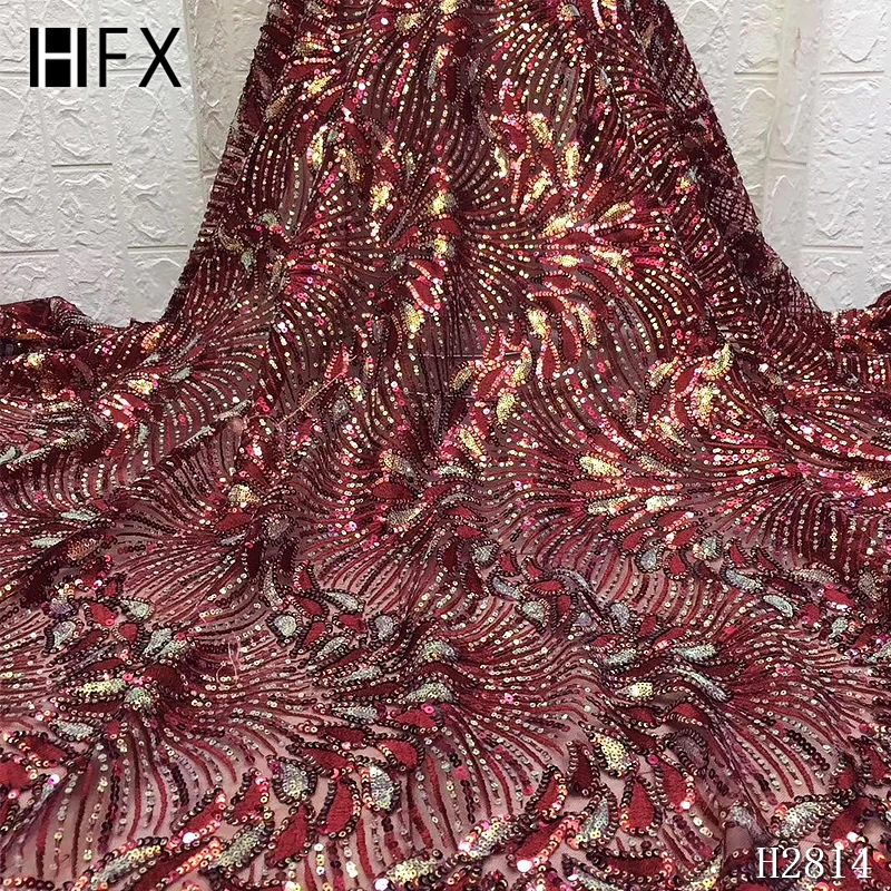 HFX нигерийская кружевная ткань с блестками, блестящая золотая кружевная ткань, африканская кружевная ткань с блестками для вечернего платья F2814