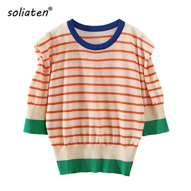 

Korean Striped Short T-Shirt Summer Puff Sleeve Knitted Pullovers O-Neck Women Casual Slim Tee Tops Thin Knitwear B-043