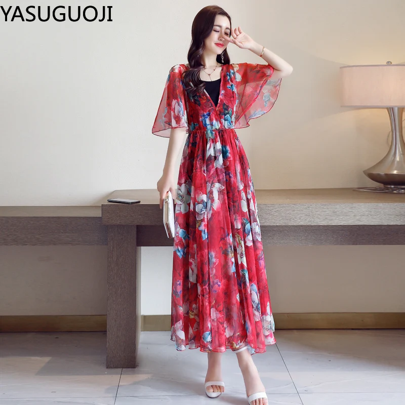 

Шифоновое платье YASUGUOJI для женщин, новинка 2020, Элегантная Женская приталенная летняя юбка в западном стиле, с модным принтом