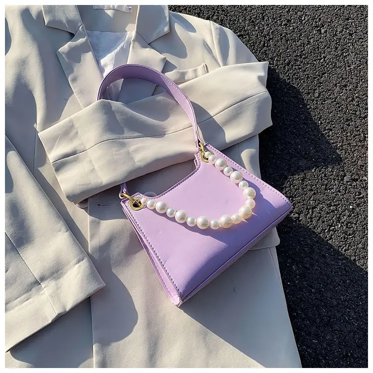 

Elegant Pearl Chain Ladies Underarm Bag PU Leather Soild Colour Ladies Small Shoulder Bags Vintage Design Female Clutch Purse