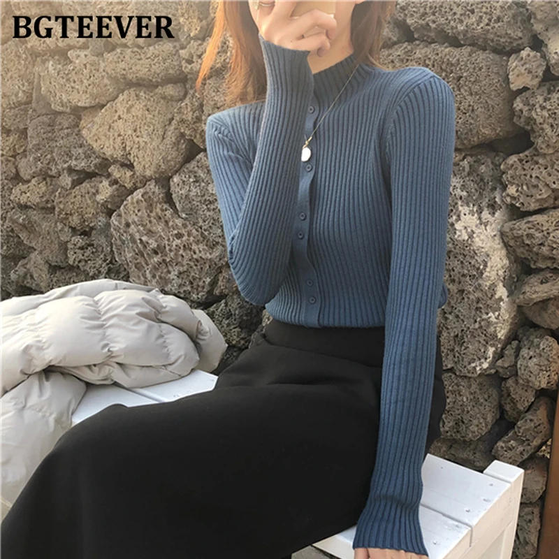 BGTEEVER женский свитер толстый с длинным рукавом воротником-стойкой на пуговицах