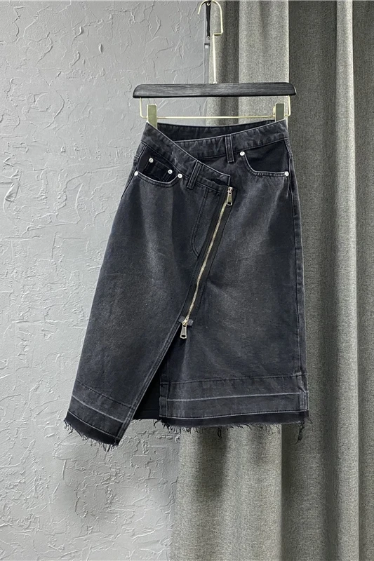 

Mid-Length Denim Skirt Womens Summer Clothing 2021Front Zipper Irregular A- Line Jeans Black Skirt Students Slim Casual Skirts