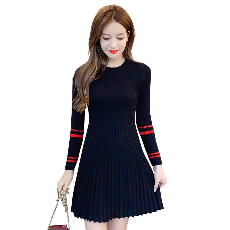 

Fashion women's dress 2020 autumn wear waist slimming pleated a-line long-sleeved knitted all-match base skirt