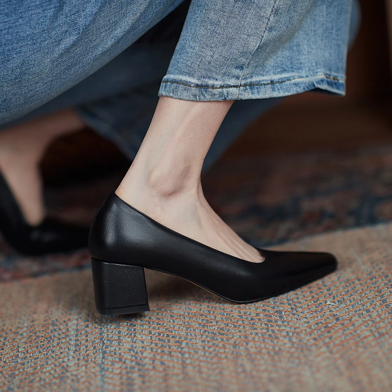 

SmallHut New Spring Women Pumps Office Ladies Genuine Leather Beige Black Apricot Elegant Woman Square Toe High Thick Heels M050