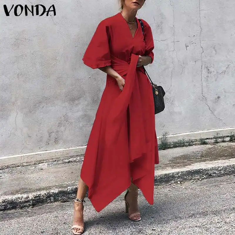 Летнее Длинное Платье VONDA 6 цветов женское винтажное платье с V-образным вырезом и