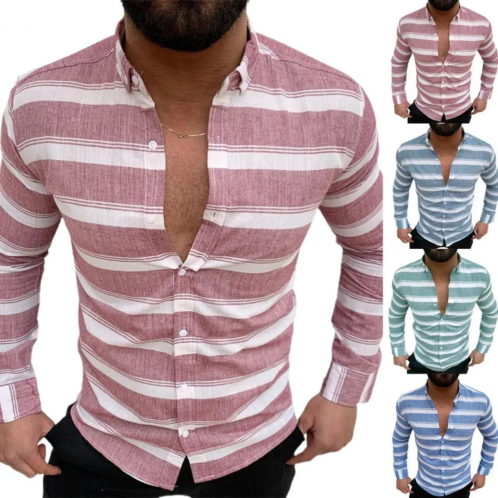 

Spring Summer New Casual Striped Print Shirts Men Fashion Button Lapel Slim Tops 2021 Vintage Mens Long Sleeve Shirt Streetwear