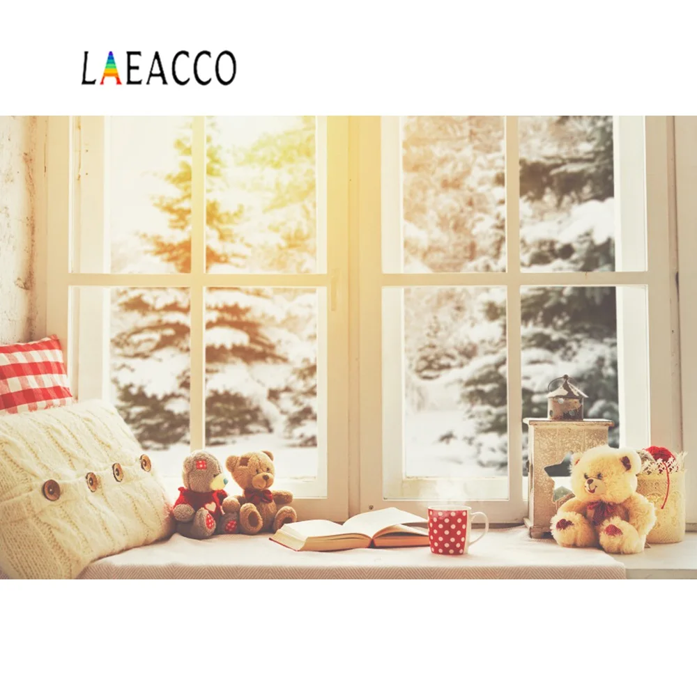 Laeacco зимний подоконник Мишка Тедди боке книги утро снег сосна детский портрет