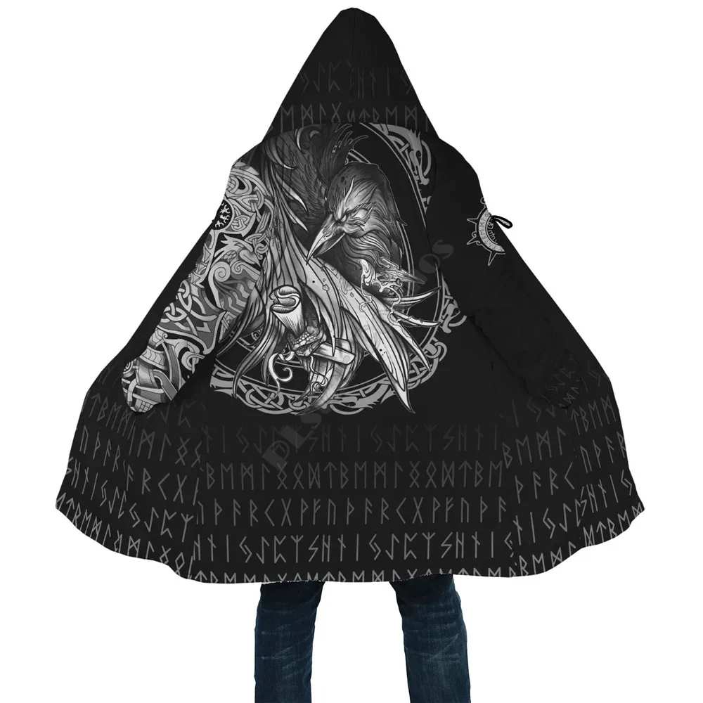 

Viking Style Cloak Norse Raven Tattoo 3D Printed Hoodie Cloak for Men Women Winter Fleece Wind Breaker Warm Hood Cloak