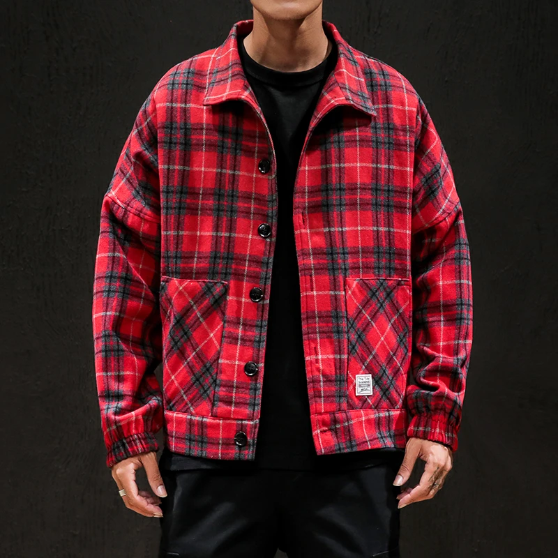 Red(AsianSize) Privethinker Осенняя мужская желтая черная клетчатая куртка Зимняя шерстяная Верхняя одежда Японская уличная одежда мужская повседневная приталенная куртка - Цвет: Red(AsianSize)