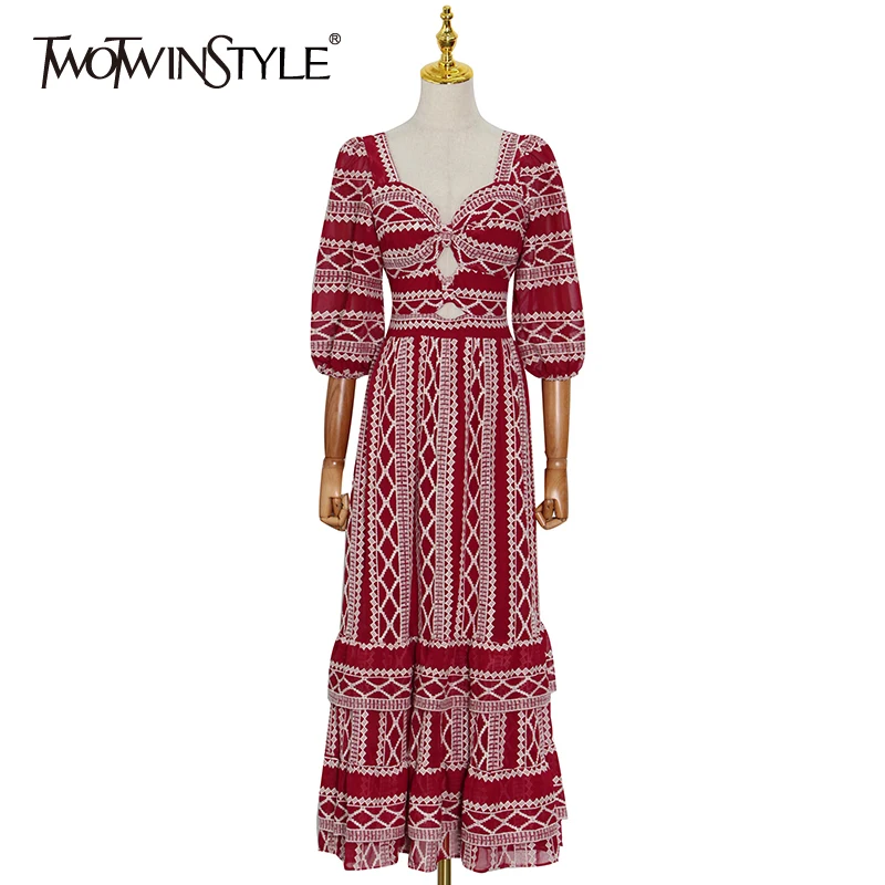 

TWOTWINSTYLE Vintage Floral Print Women Summer Clothing V Neck Puff Sleeve High Waist Colorblock Loose Midi Dress 2021 Clothing