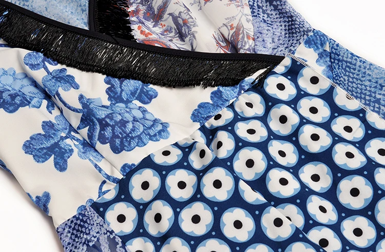 VERDEJULIAY Runway Summer Dress Women Luxury New Fashion Patchwork Dot Flower Print V-Neck Irregular Sexy Dress Vestidos