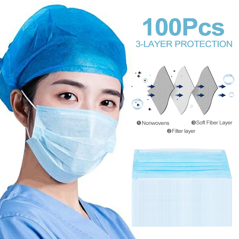 100PCS3 Laye маска Пылезащитная одноразовая для лица эластичная петля ушей
