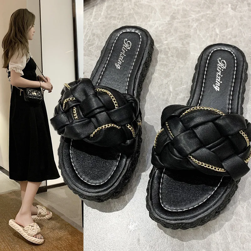 

One-way slippers women fashion lazy outer wear flat woven open-toed slippers