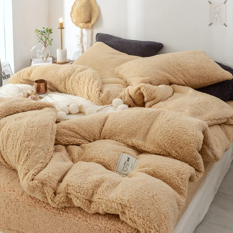 camel cashmere Однотонный Комплект постельного белья из овечьей шерсти и кашемира, новинка, уплотненное Фланелевое флисовое постельное белье, бархатный набор пододеяльников, покрывало, наволочка - Цвет: camel cashmere
