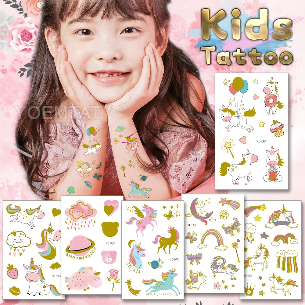 

Golden Kids Arm Waterproof Temporary Tattoo Sticker Rainbow Balloon Unicorn Pink Cute Bear Wrist Girl Fake Tatto Body Art Woman
