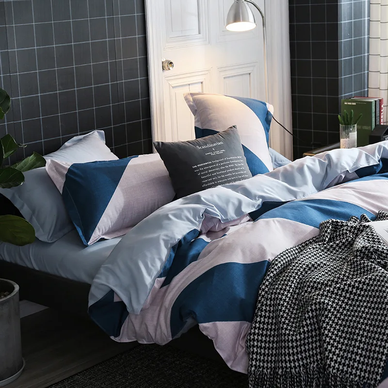 Геометрическая полоса King size Постельный набор синий и белый комплект