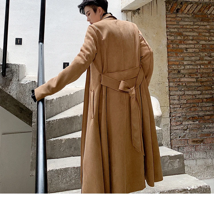 Мужская хип-хоп панк Свободный Повседневный ремень Тренч винтажная длинная замшевая ветровка пальто уличная Мужская Женская модная куртка