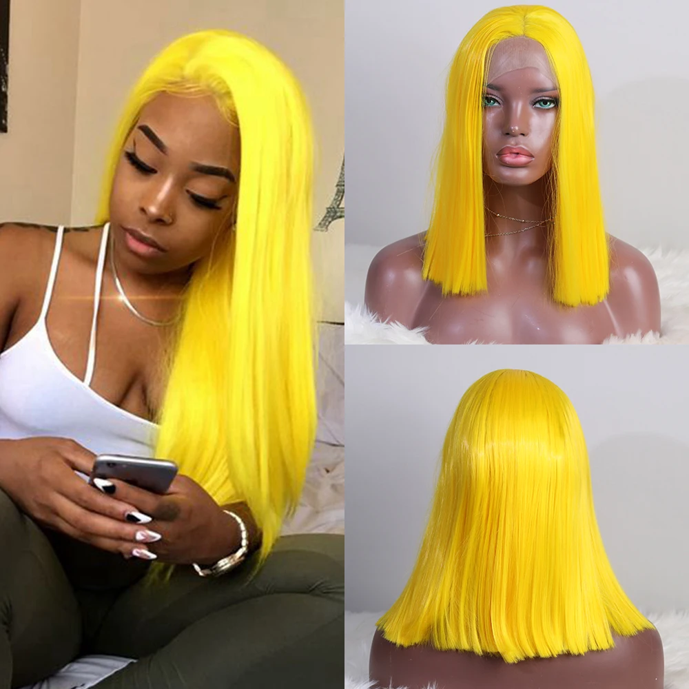Straight Short Yellow Wig High Temperature Fiber Glueless High Density Synthetic Lace Front Wig For Black Women OLEY