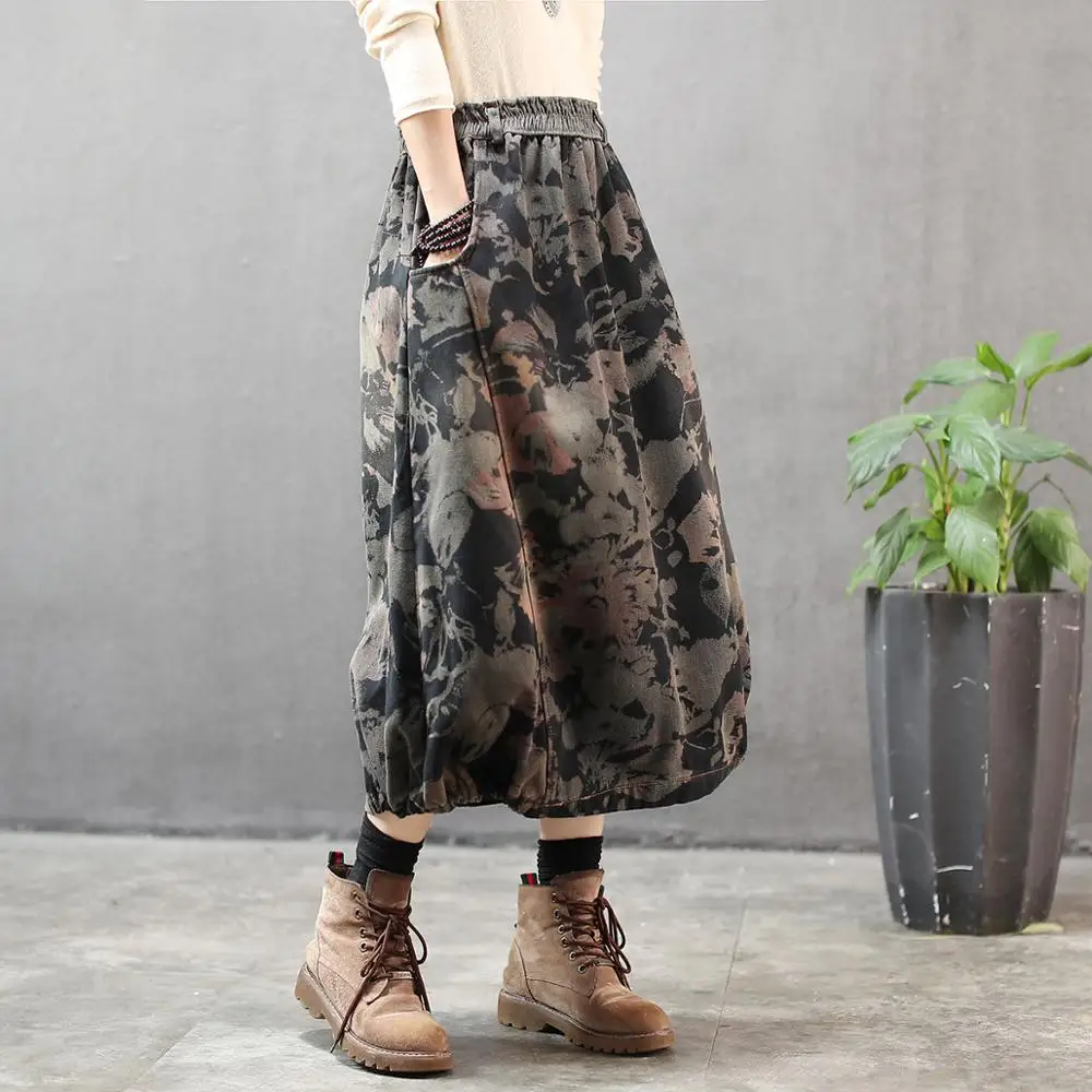 2020 Ретро осенне зимняя свободная бархатная юбка с эластичной резинкой на талии