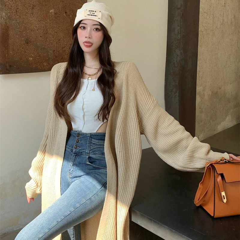 

Женский элегантный свободный открытый свитер, женский толстый теплый вязаный кардиган большого размера, осенне-зимнее пальто средней длин...