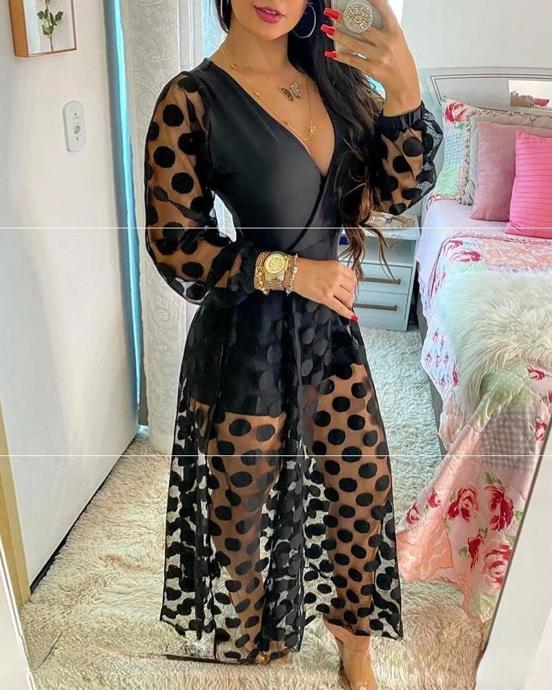 

Spring Autumn Elegant Dress Women Casual 2021 Women's Fashion Long Sleeve V-neck One-piece Skirt & Pants Sexy Dots Mesh Dresses