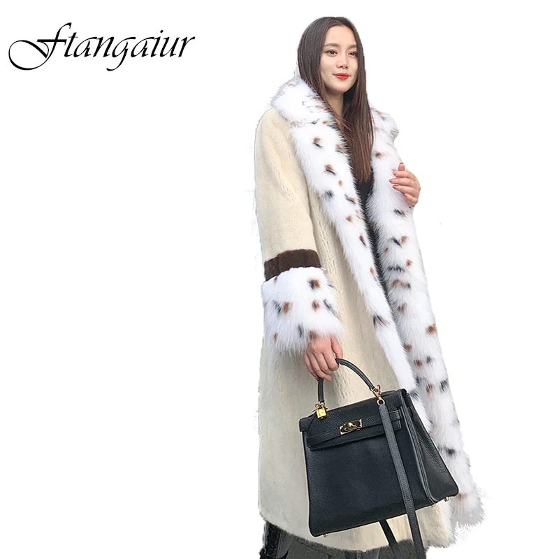 

Ftangaiur New Winter Import Purple standard Velvet Mink Fur Coat Women Leopard Fox Collar X-Long Natural Real Mink Fur Coats
