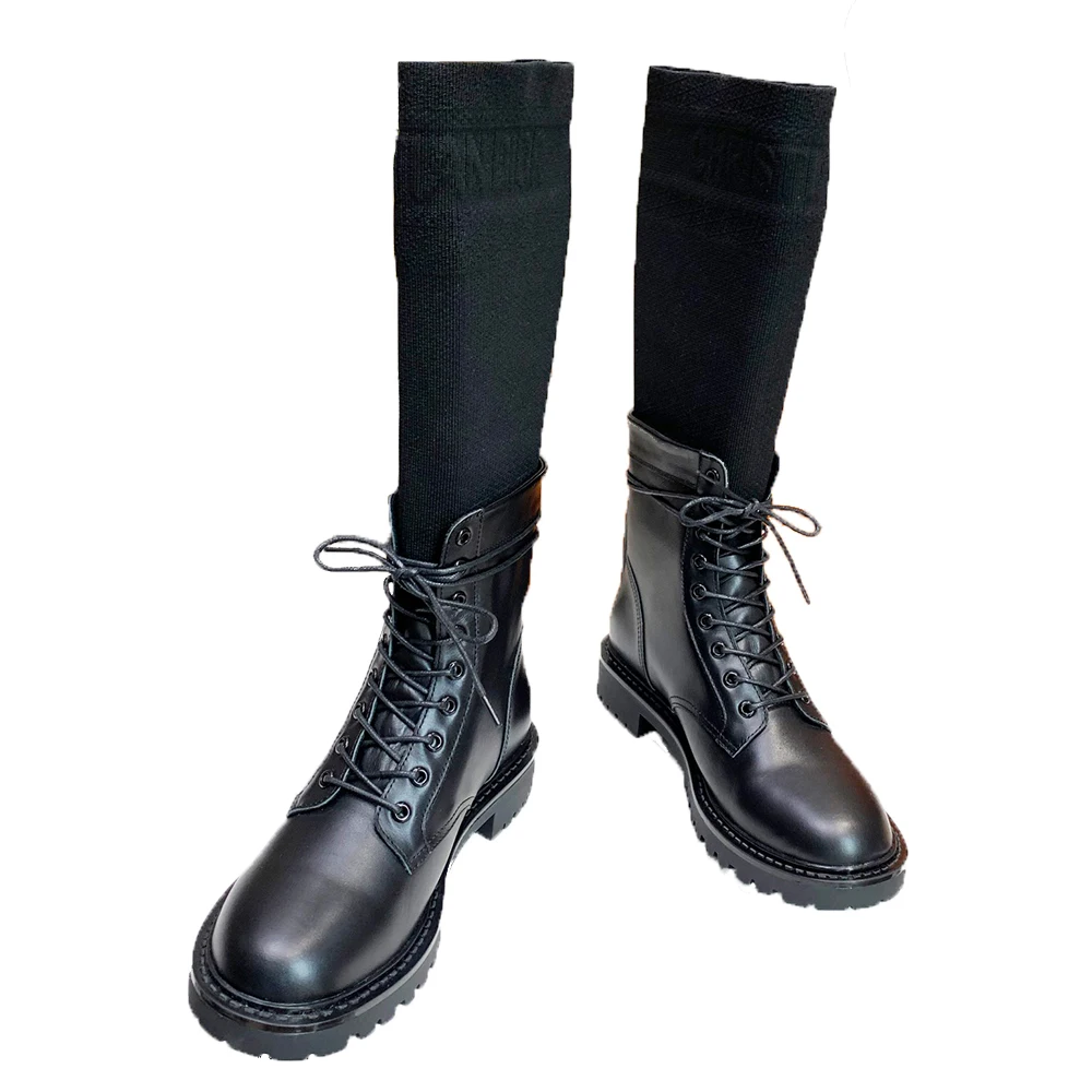 

Женские ботинки в стиле пэчворк, осенние ботинки из натуральной кожи до середины икры, обувь в уличном стиле со шнуровкой и звездами, роскош...