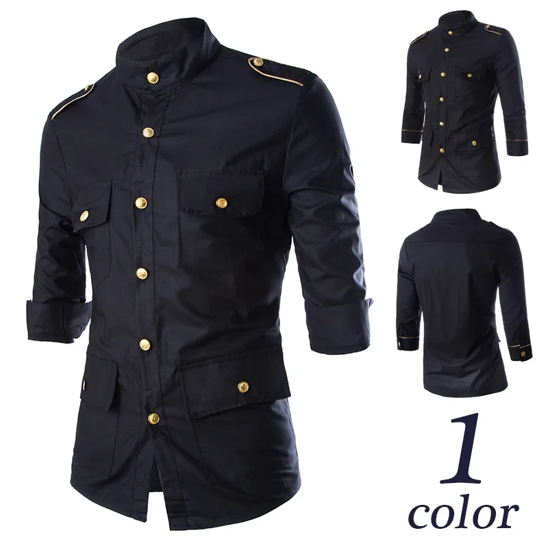 

Hot style in Europe and the wind gold epaulettes decorated black 7 minutes of sleeve cultivate one's morality men's shirt