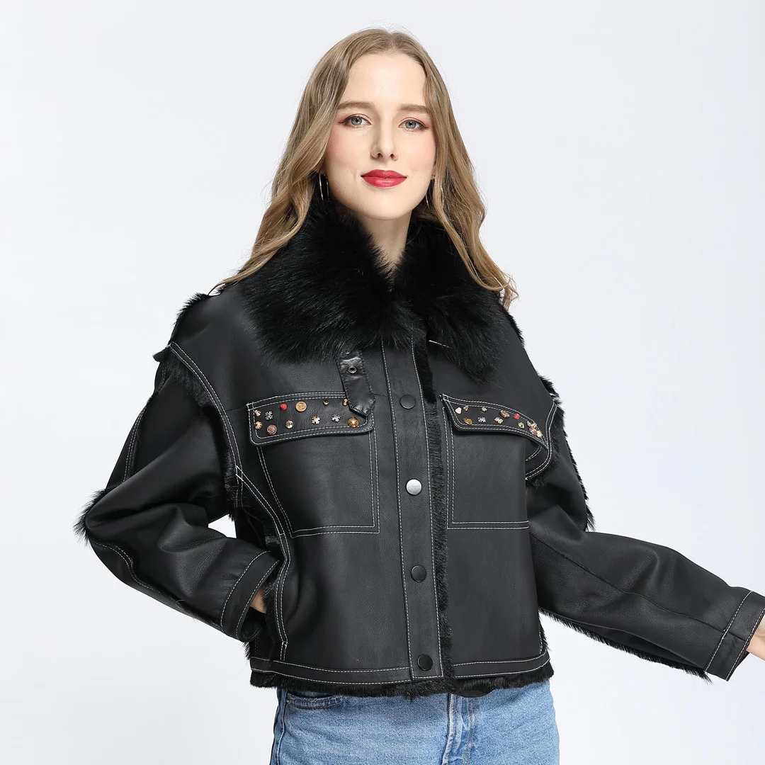 

Stylish Women Winter Leather Jacket Wholesale Top Quality Leather Sheepskin Coat With Fur Hip Hop Clothes