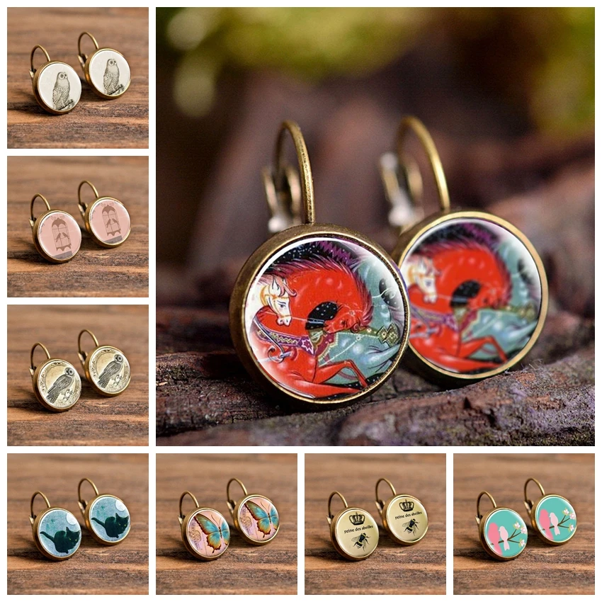 Креативные модные стеклянные серьги гвоздики ручной работы с рисунком животных