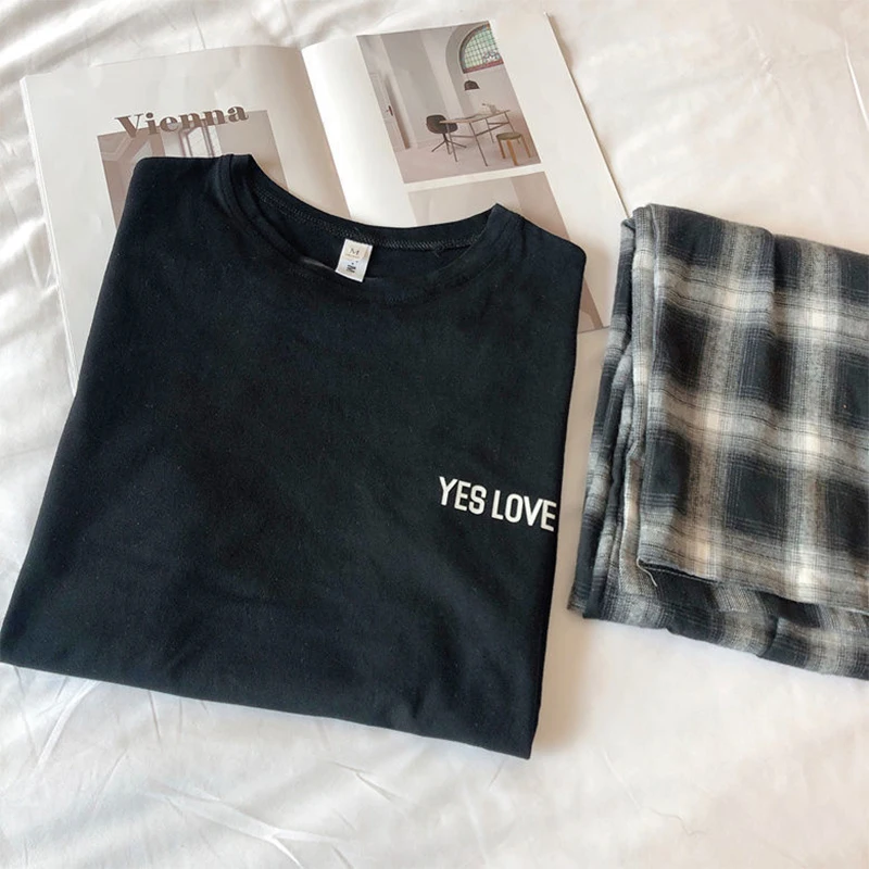 Home Clothes for Women Sleepwear Set Plaid Pants Letter Solid Top Pajamas for Women Pijamas Mujer Spring and Autum Pyjamas Women