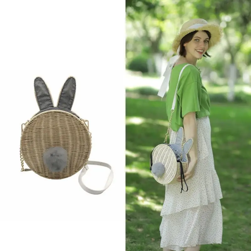 

Cute Rabbit Handmade Rattan Women Shoulder Bag Round Straw Woven Crossbody Bags For Women Summer Beach Wicker Messenger Bag 2021