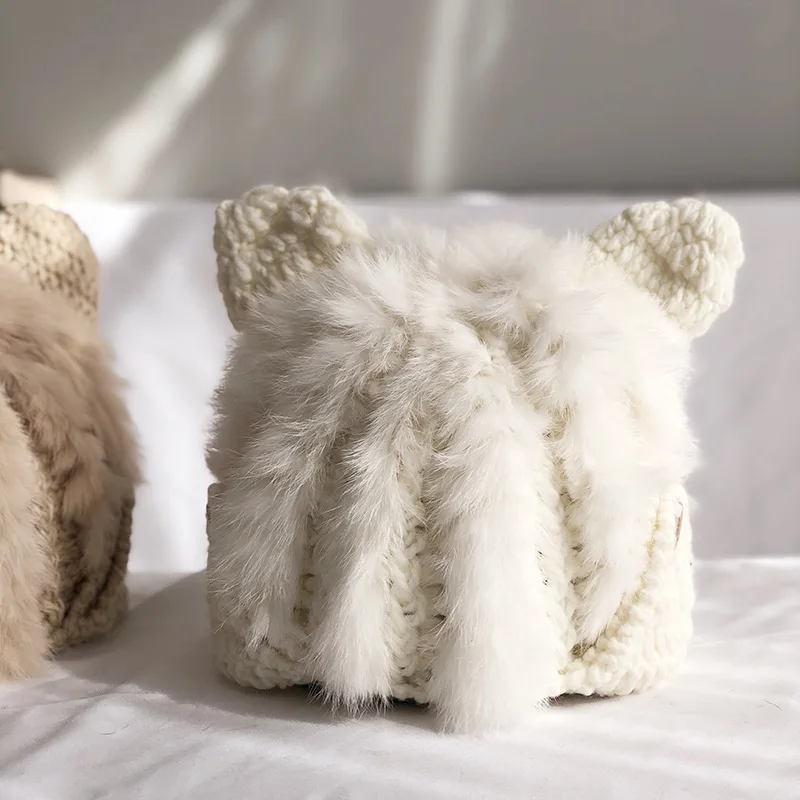 Милая шапка из кроличьего меха Женская осенне зимняя Защитная с кошачьими ушками