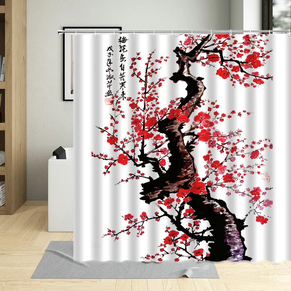 

Китайская занавеска для душа, цветущая слива, красная Цветочная рыба, птица, ткань из полиэстера для ванной, подвесные занавески, комплекты