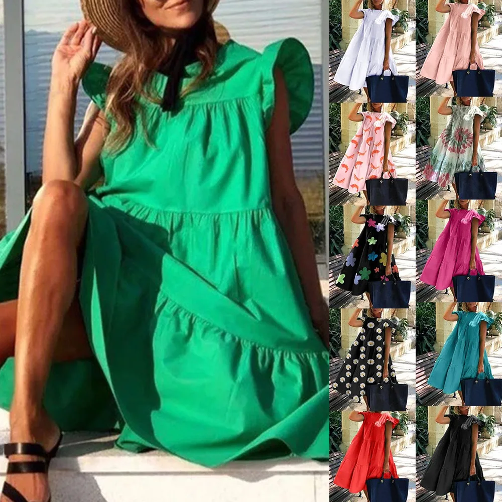 

Summer Women'S Retro Loose Solid Dress 2021 New 2xl Casual Round Neck Short Sleeve One-Piece Dresses Lady Vestidos
