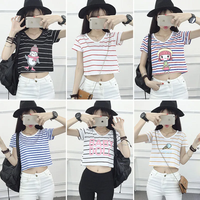 Женская футболка с коротким рукавом Повседневная Свободная в полоску v образным