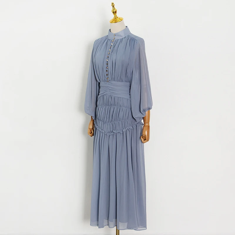

Casual Fold Pleated Summer Dress For Women Stand Collar Long Sleeve High Waist Sheer Mesh Dresses Female Clothing
